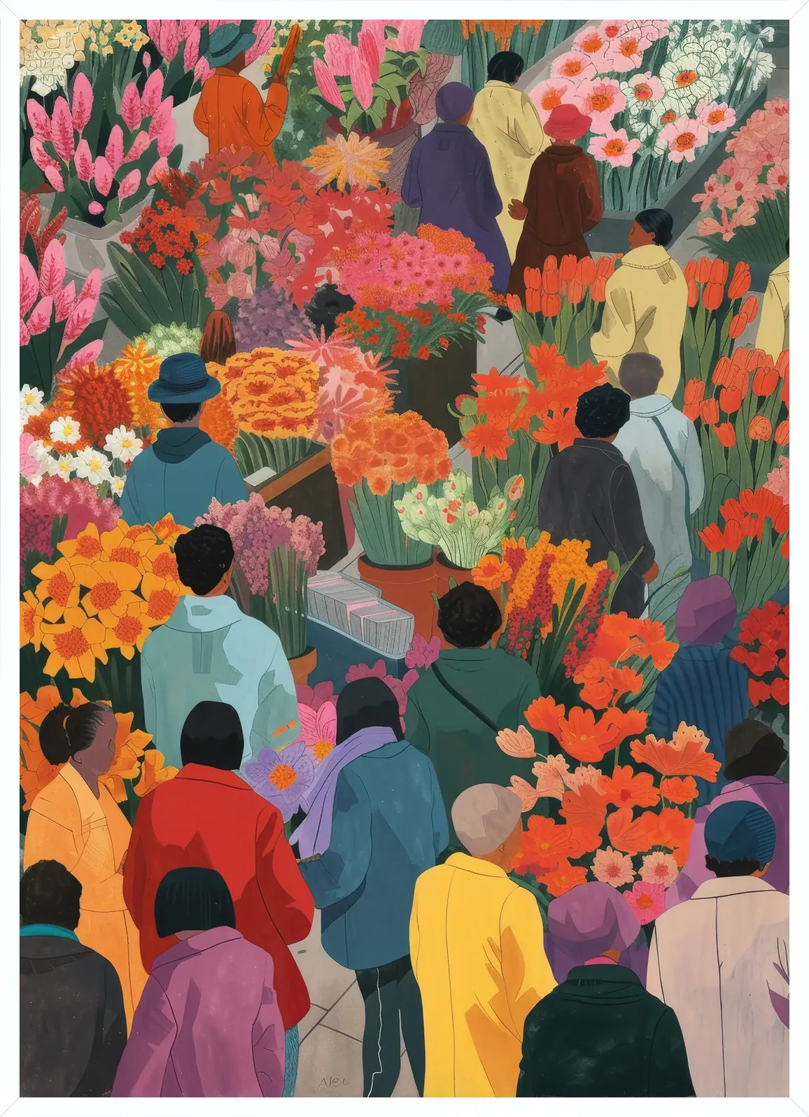Cadre blanc epure presentant l'affiche marche aux fleurs colore