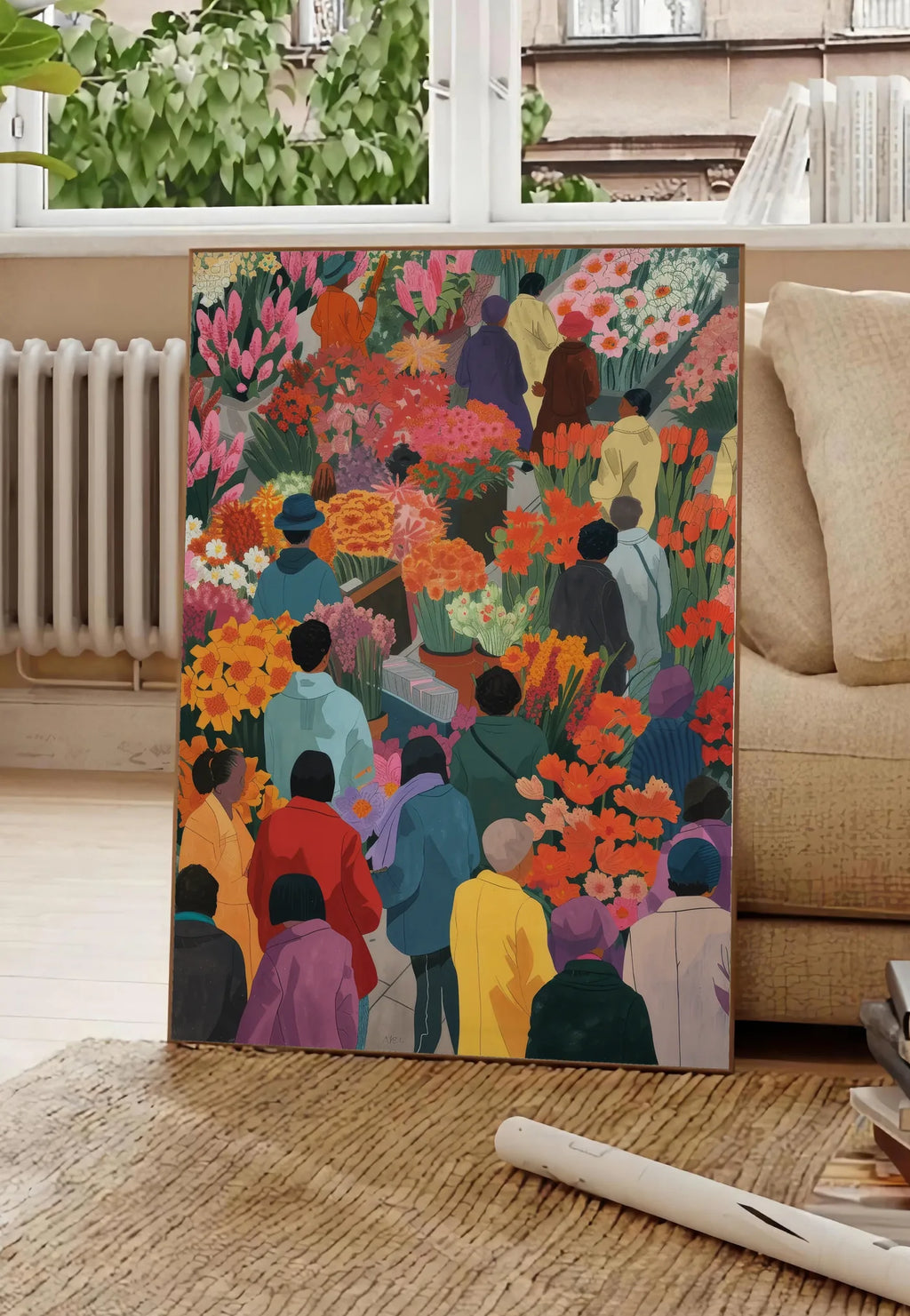 Poster affiche marche aux fleurs colore art japonais, posee au sol dans un salon parisien, devant une grande fenetre donnant sur un immeuble haussmannien, entre un ficus et un canape creme