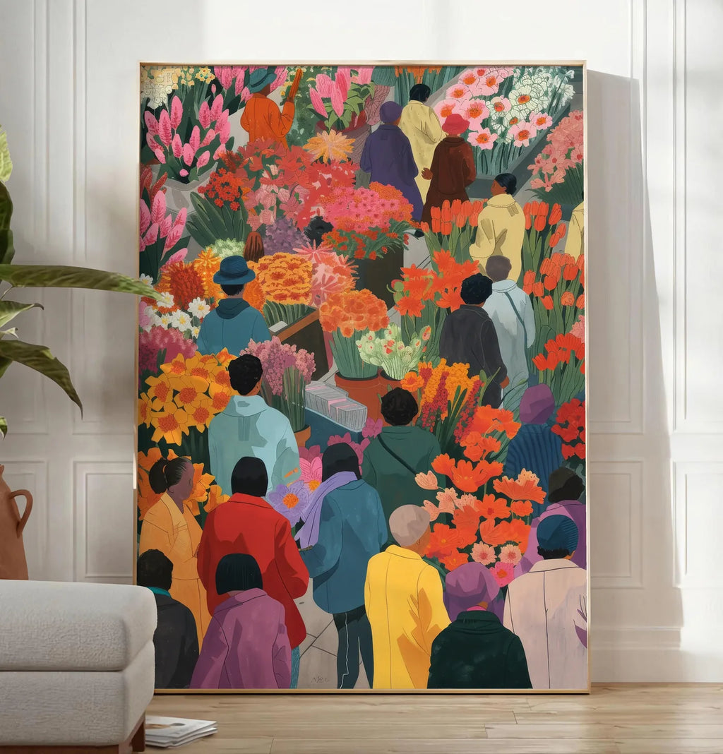 Reproduction affiche marche aux fleurs colore art japonais, posee au sol dans un salon minimaliste clair, a cote d'un canape beige et d'une plante verte, sur un parquet clair