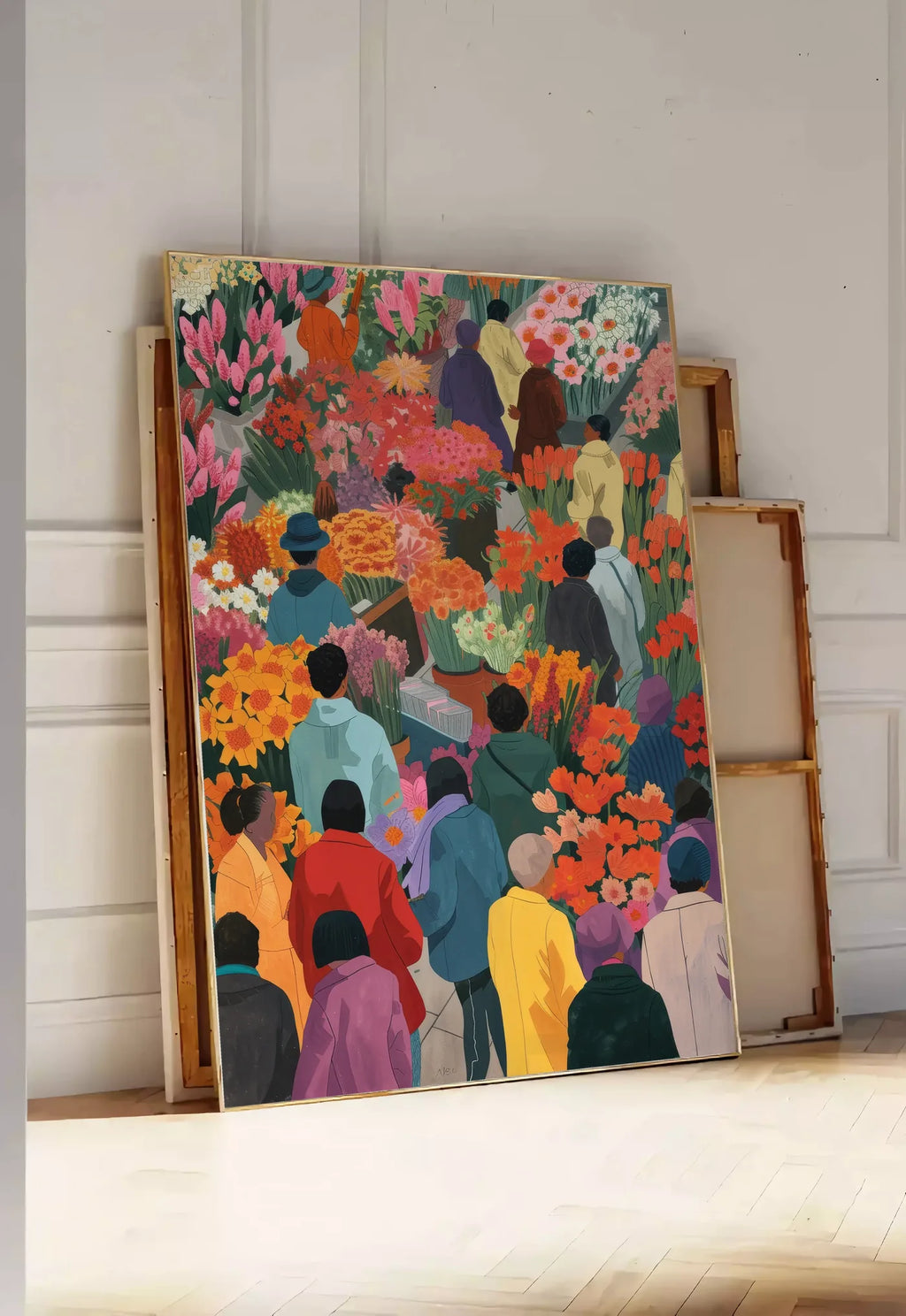 Tirage encadrable affiche marche aux fleurs colore art japonais, posee au sol dans une entree lumineuse, contre un mur a panneaux blancs, a cote de chassis en bois empiles