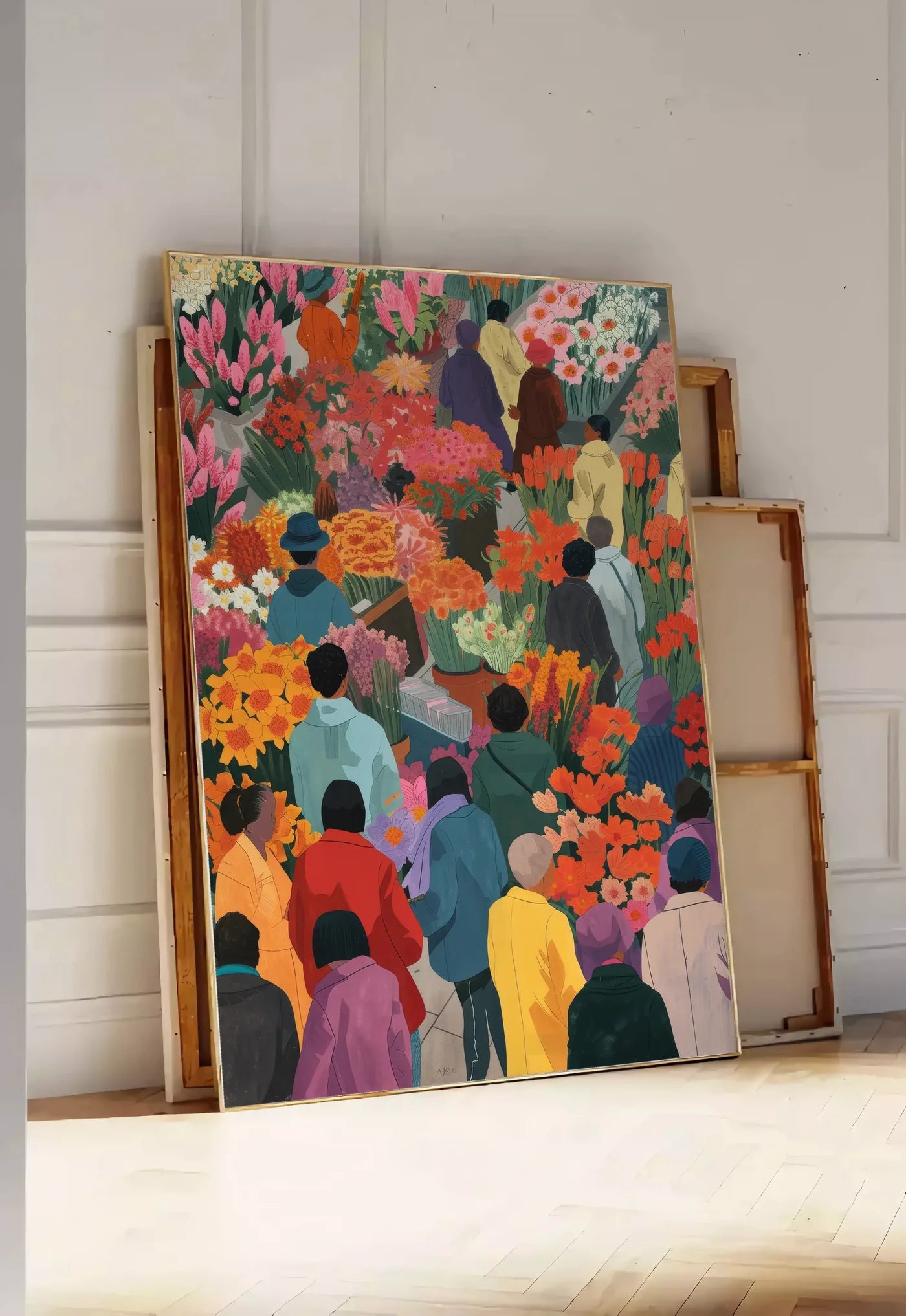Tirage encadrable affiche marche aux fleurs colore art japonais, posee au sol dans une entree lumineuse, contre un mur a panneaux blancs, a cote de chassis en bois empiles
