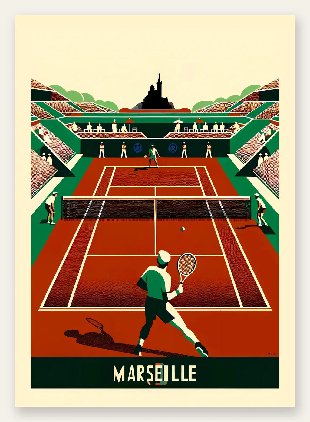 Match sur terre battue, joueurs vus de dos et basilique en silhouette, palette rouge brique vert émeraude blanc casse