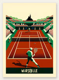 Match sur terre battue, joueurs vus de dos et basilique en silhouette, palette rouge brique vert émeraude blanc casse