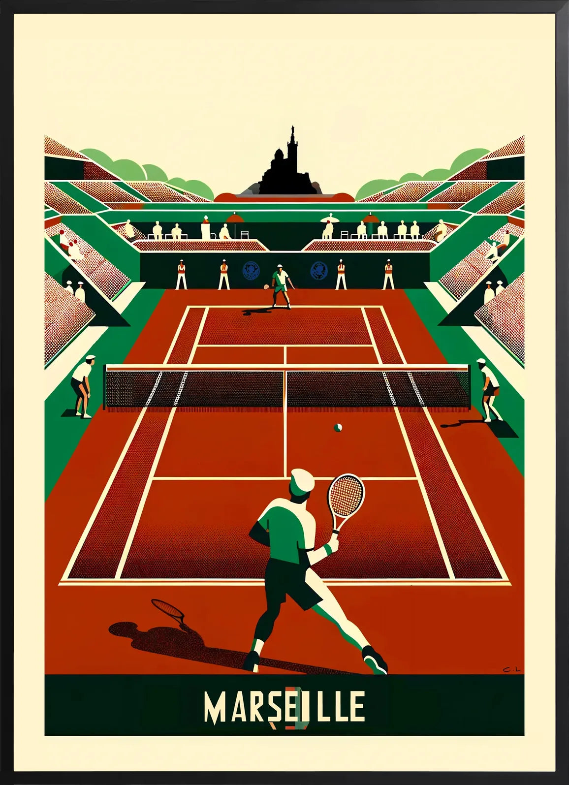Encadré noir, match de tennis sur terre battue, contraste fort avec typographie en majuscules MARSEILLE