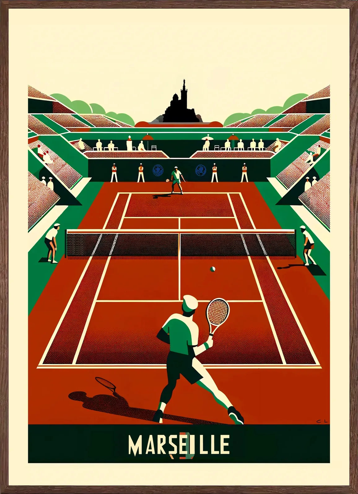 Vu depuis l'arrière, match de tennis sur terre battue en cadre chene clair, finition mate, MARSEILLE en titre