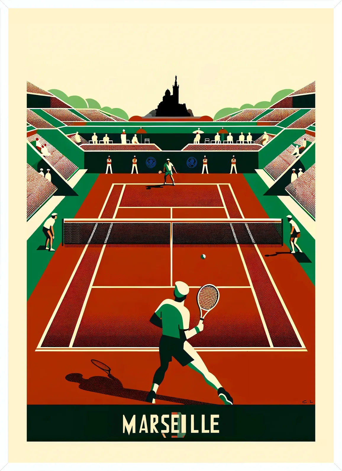 Imprimé avec marges, match de tennis sur terre battue en cadre blanc fin et minimal