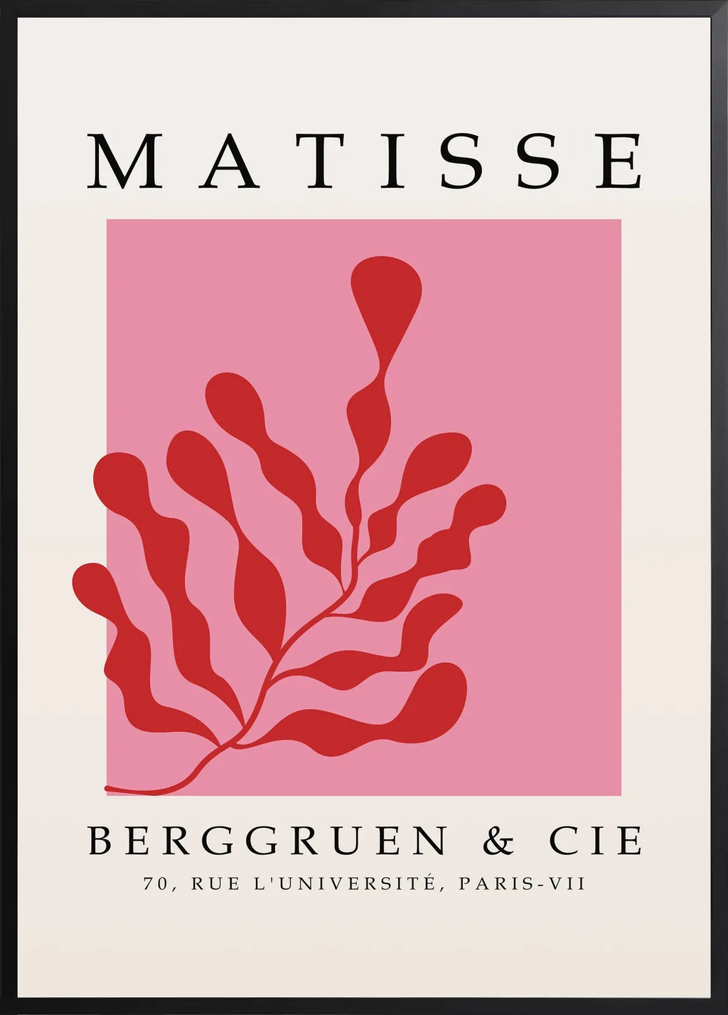 Encadrement noir mat autour de l'affiche Matisse algue rouge sur rose
