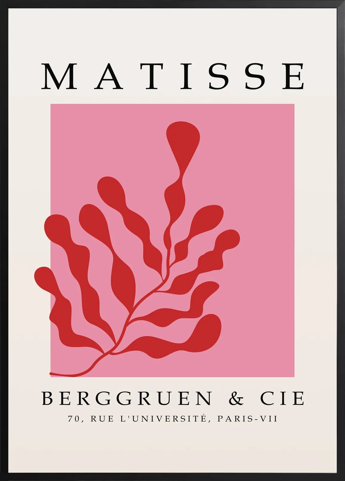 Encadrement noir mat autour de l'affiche Matisse algue rouge sur rose