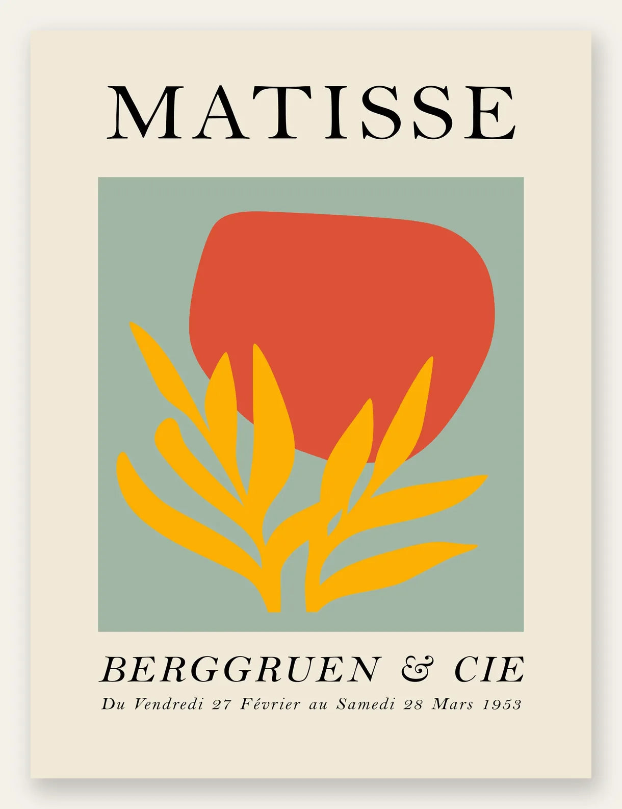 Forme Rouge et Feuille Jaune en papiers decoupes Matisse sur fond colore