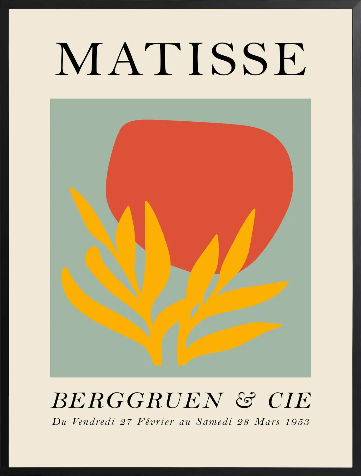 Encadrement noir mat autour de l'affiche Matisse forme rouge et feuille jaune