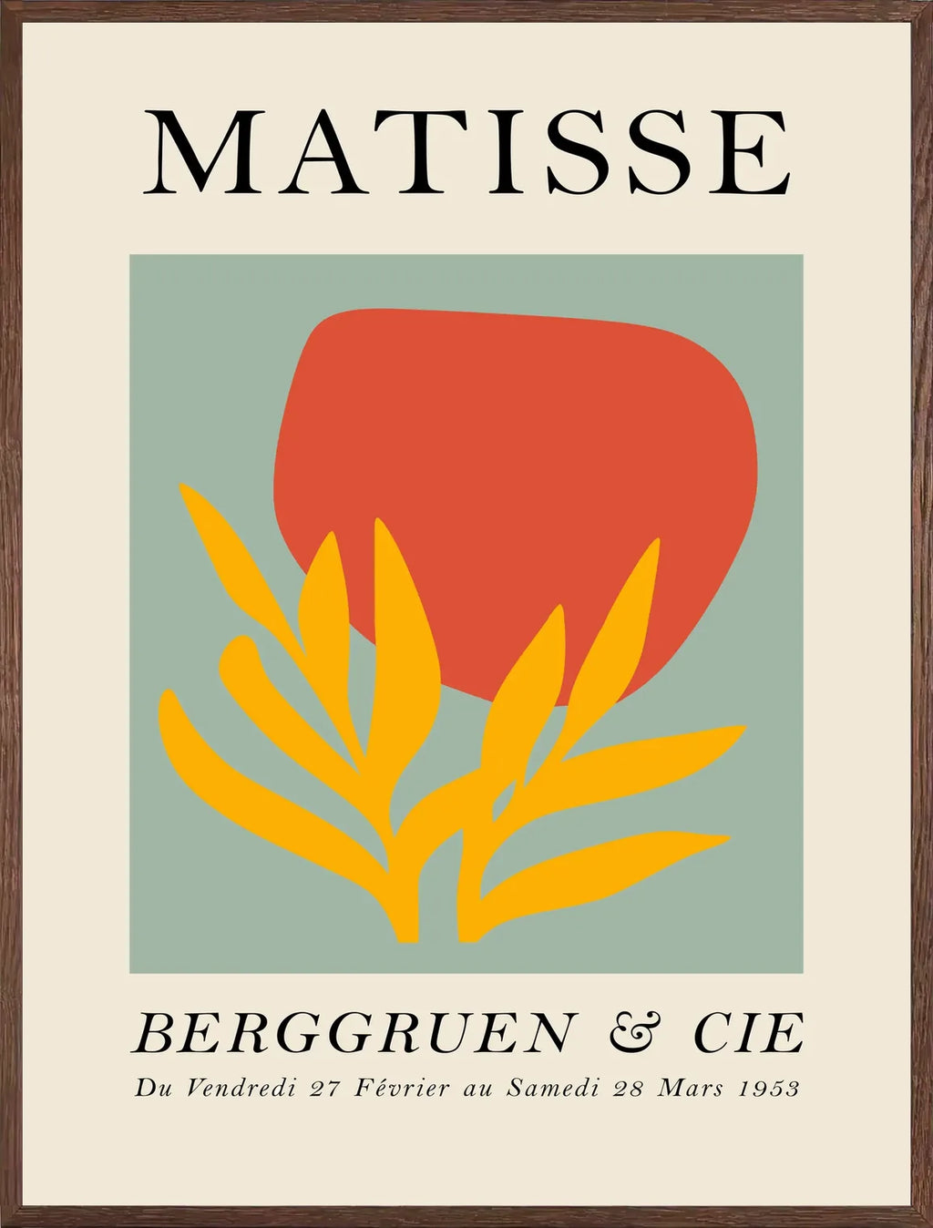 Cadre chene clair entourant l'affiche Matisse forme rouge et feuille jaune