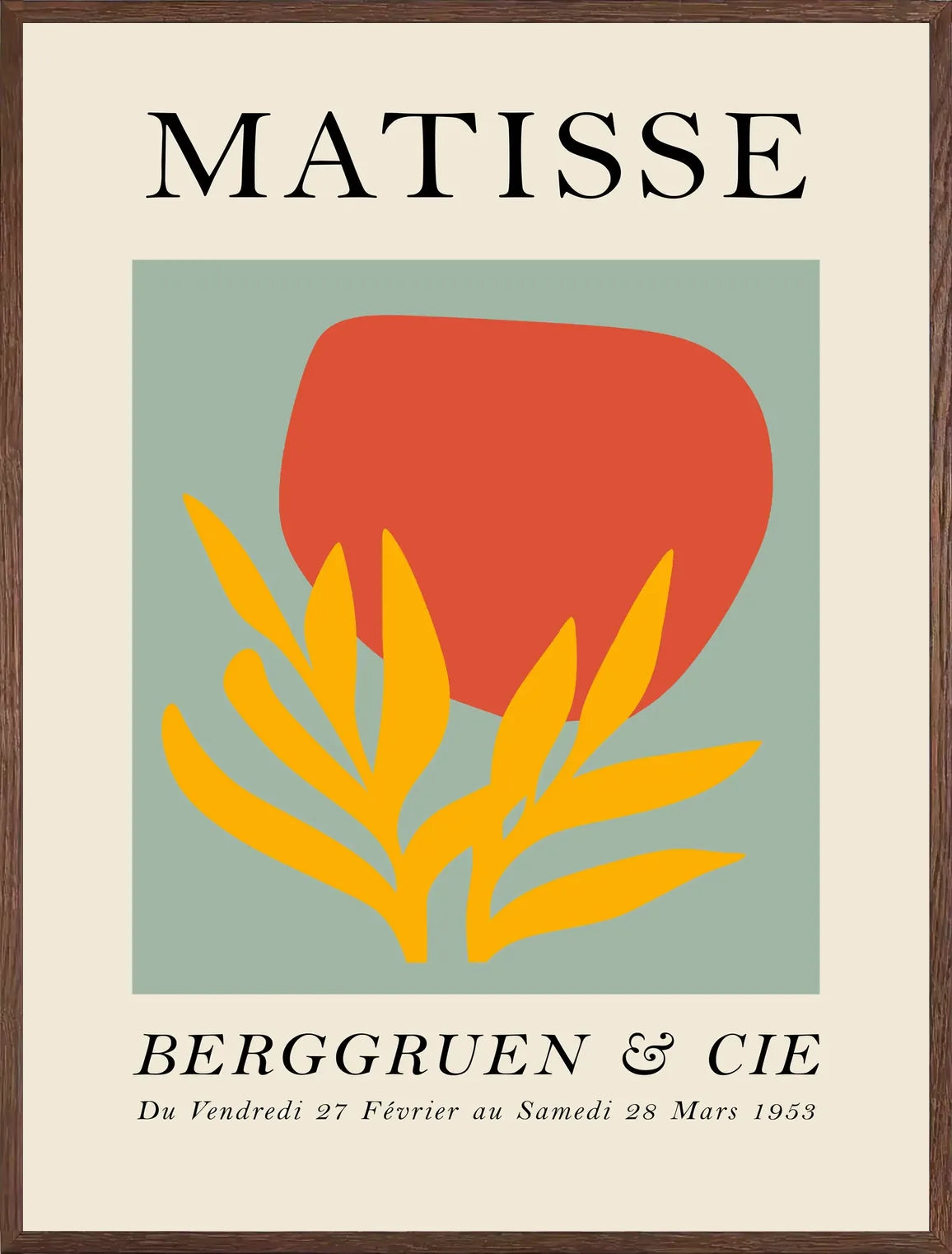 Cadre chene clair entourant l'affiche Matisse forme rouge et feuille jaune