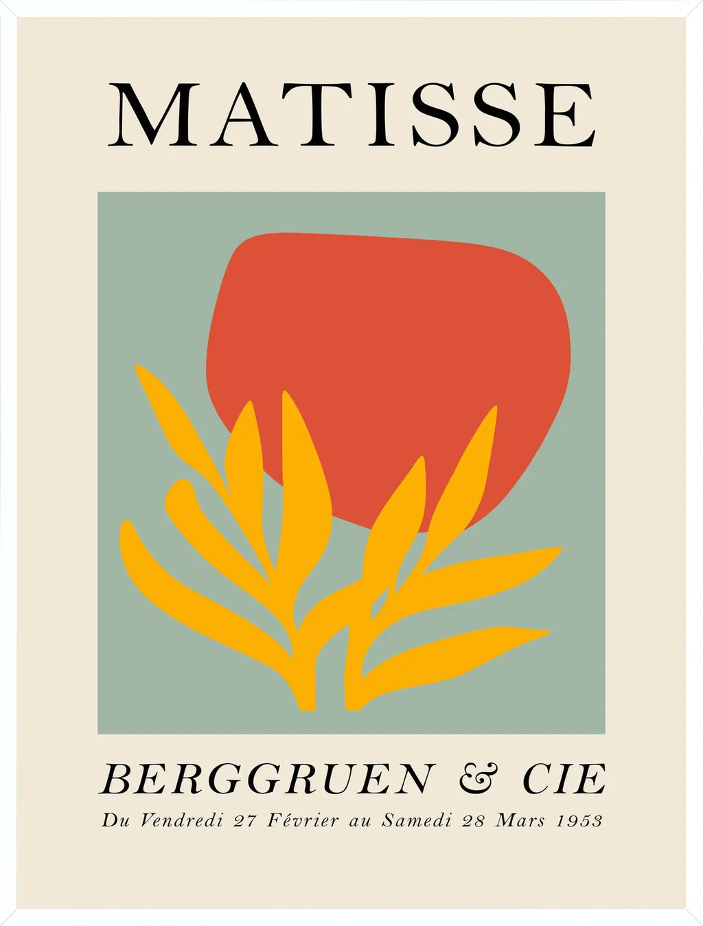 Cadre blanc epure presentant l'affiche Matisse forme rouge et feuille jaune
