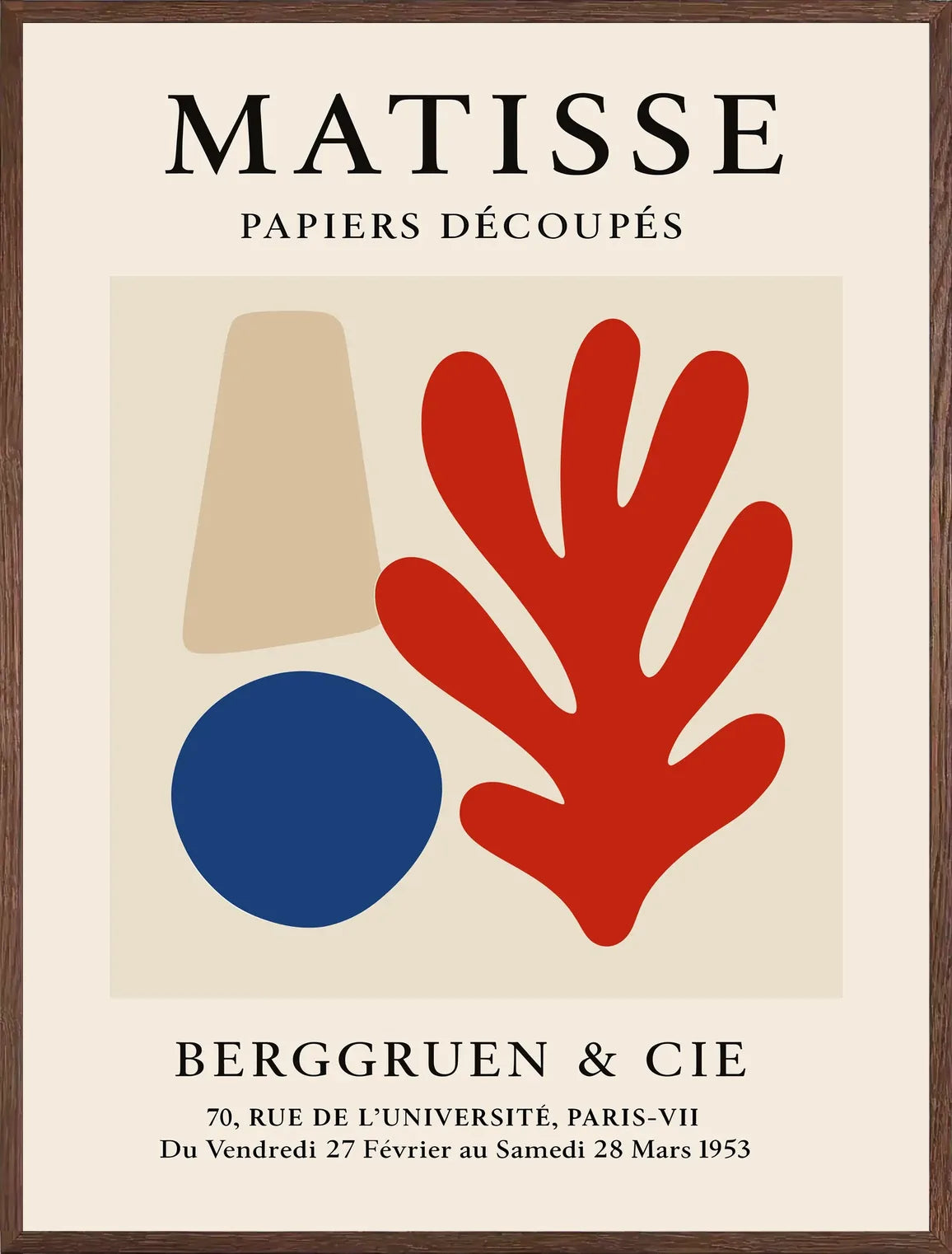 Cadre chene clair entourant l'affiche Matisse cone cercle et corail
