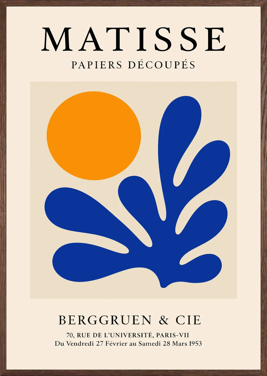 Cadre chene clair entourant l'affiche Matisse corail bleu et soleil orange