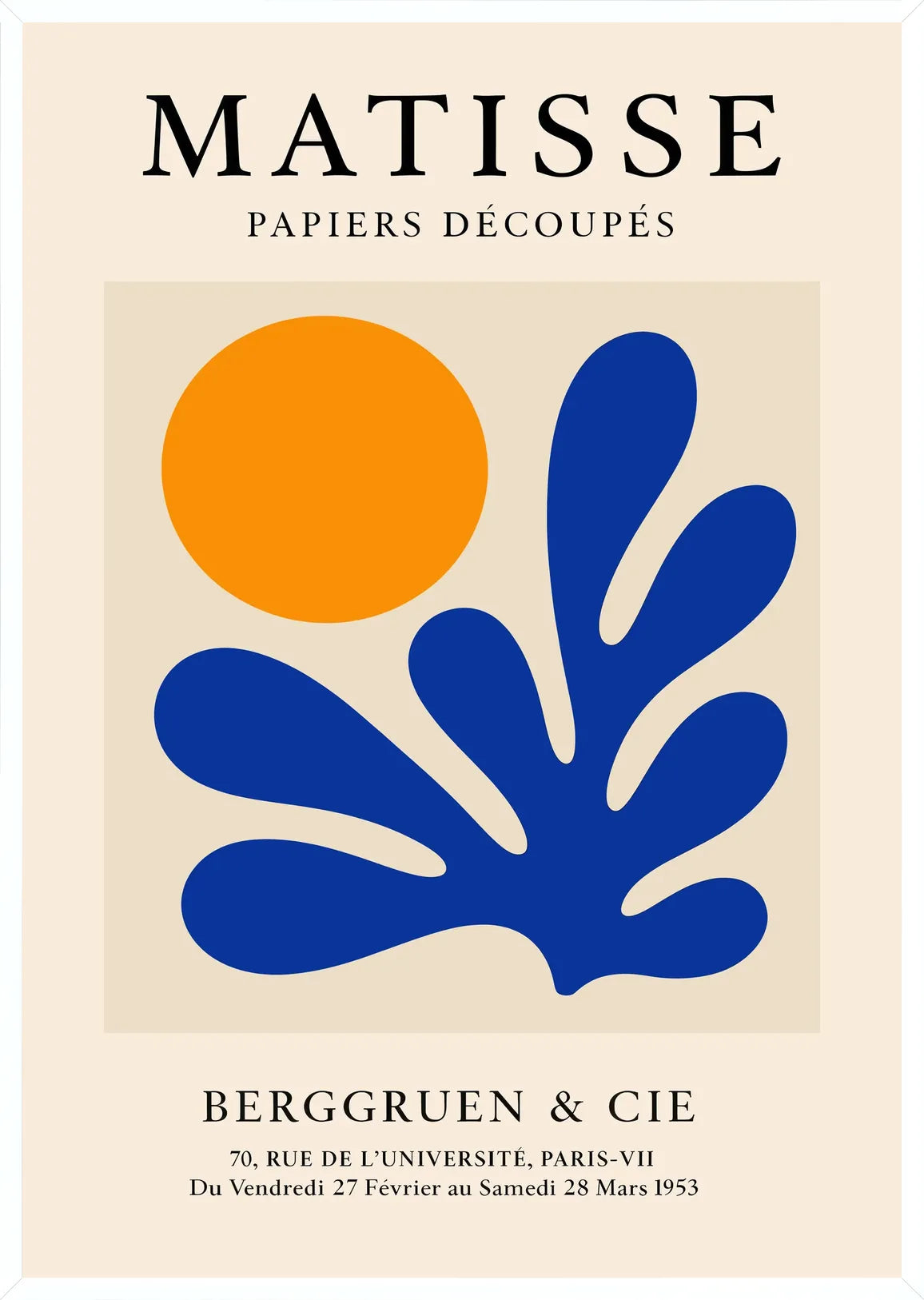 Cadre blanc epure presentant l'affiche Matisse corail bleu et soleil orange