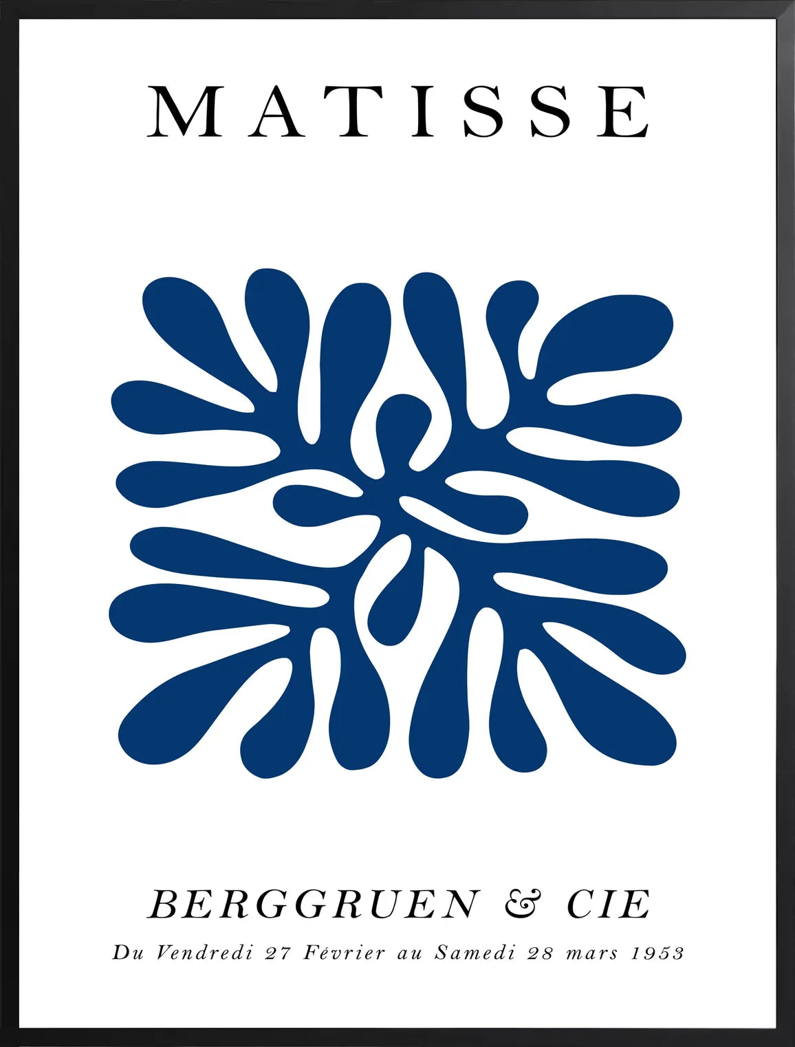 Encadrement noir mat autour de l'affiche Matisse corail bleu symetrique
