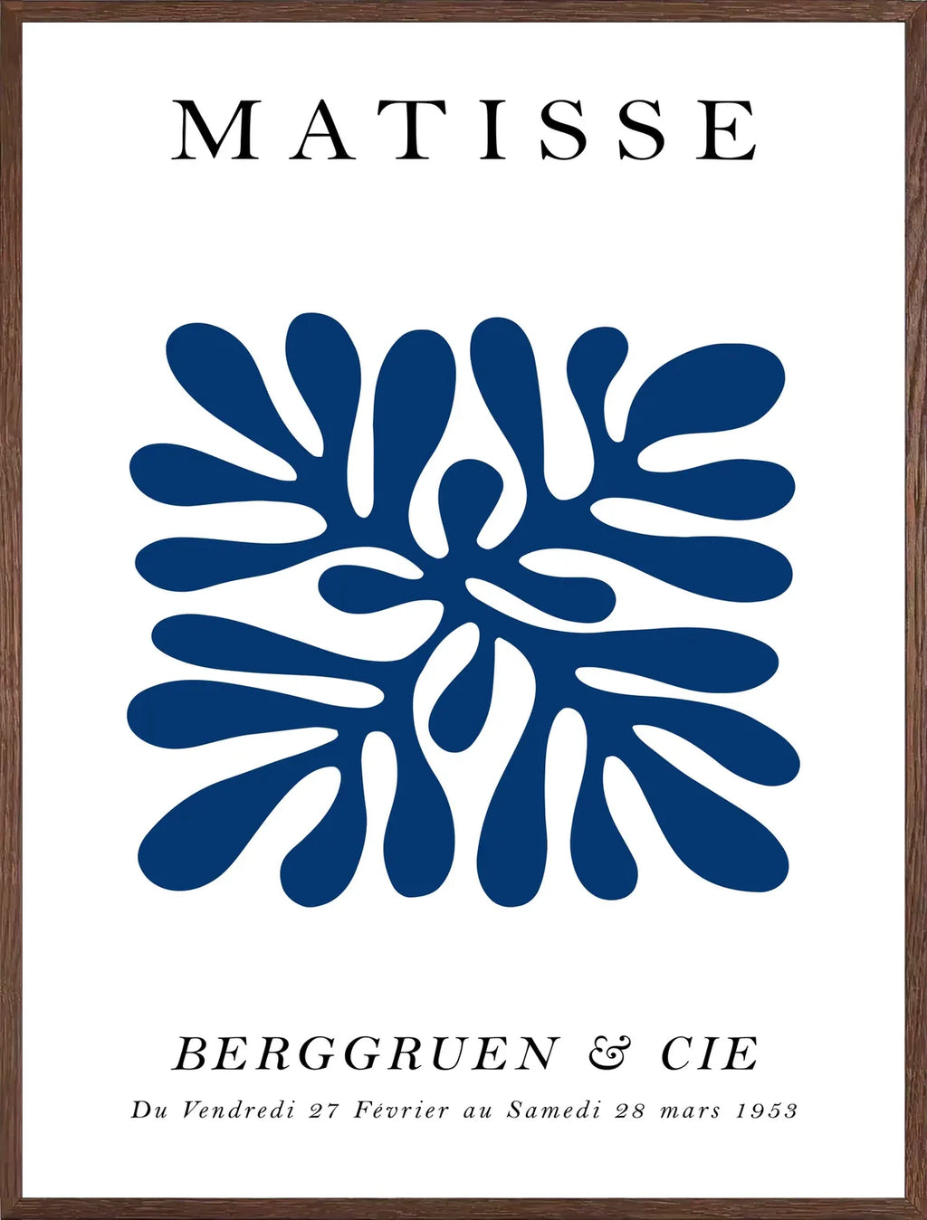 Cadre chene clair entourant l'affiche Matisse corail bleu symetrique