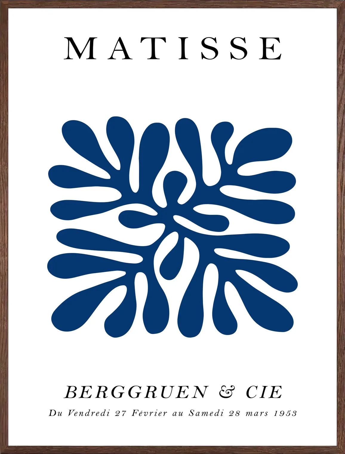Cadre chene clair entourant l'affiche Matisse corail bleu symetrique