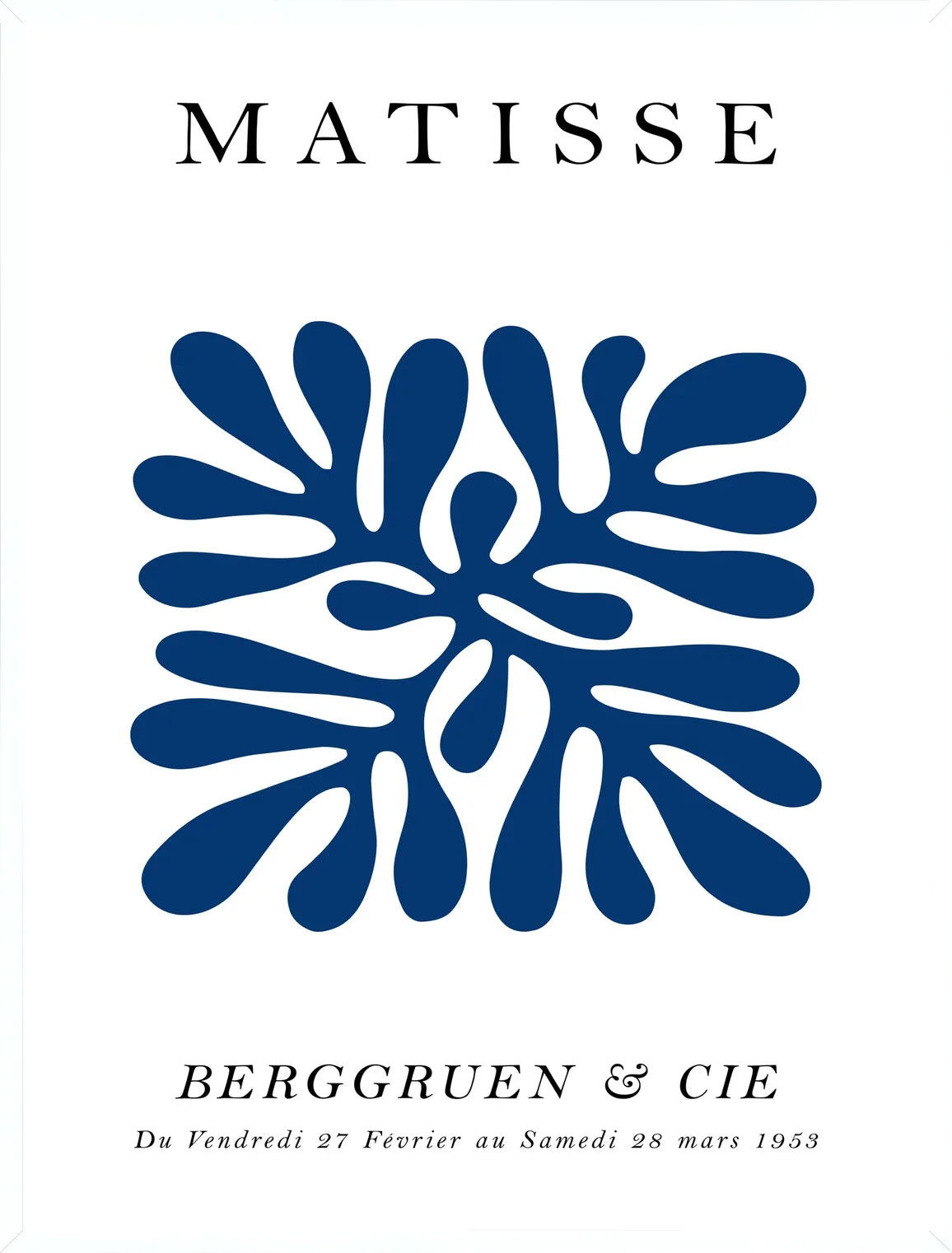 Cadre blanc epure presentant l'affiche Matisse corail bleu symetrique