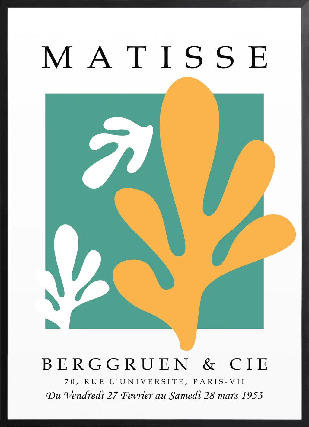 Encadrement noir mat autour de l'affiche Matisse corail jaune sur vert