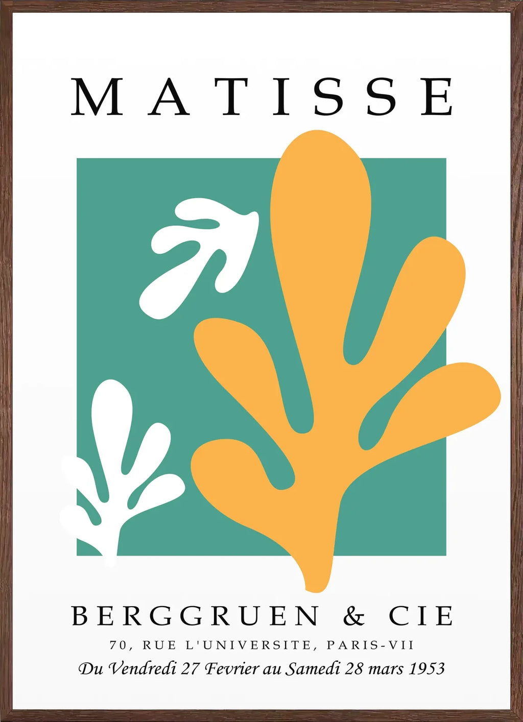 Cadre chene clair entourant l'affiche Matisse corail jaune sur vert