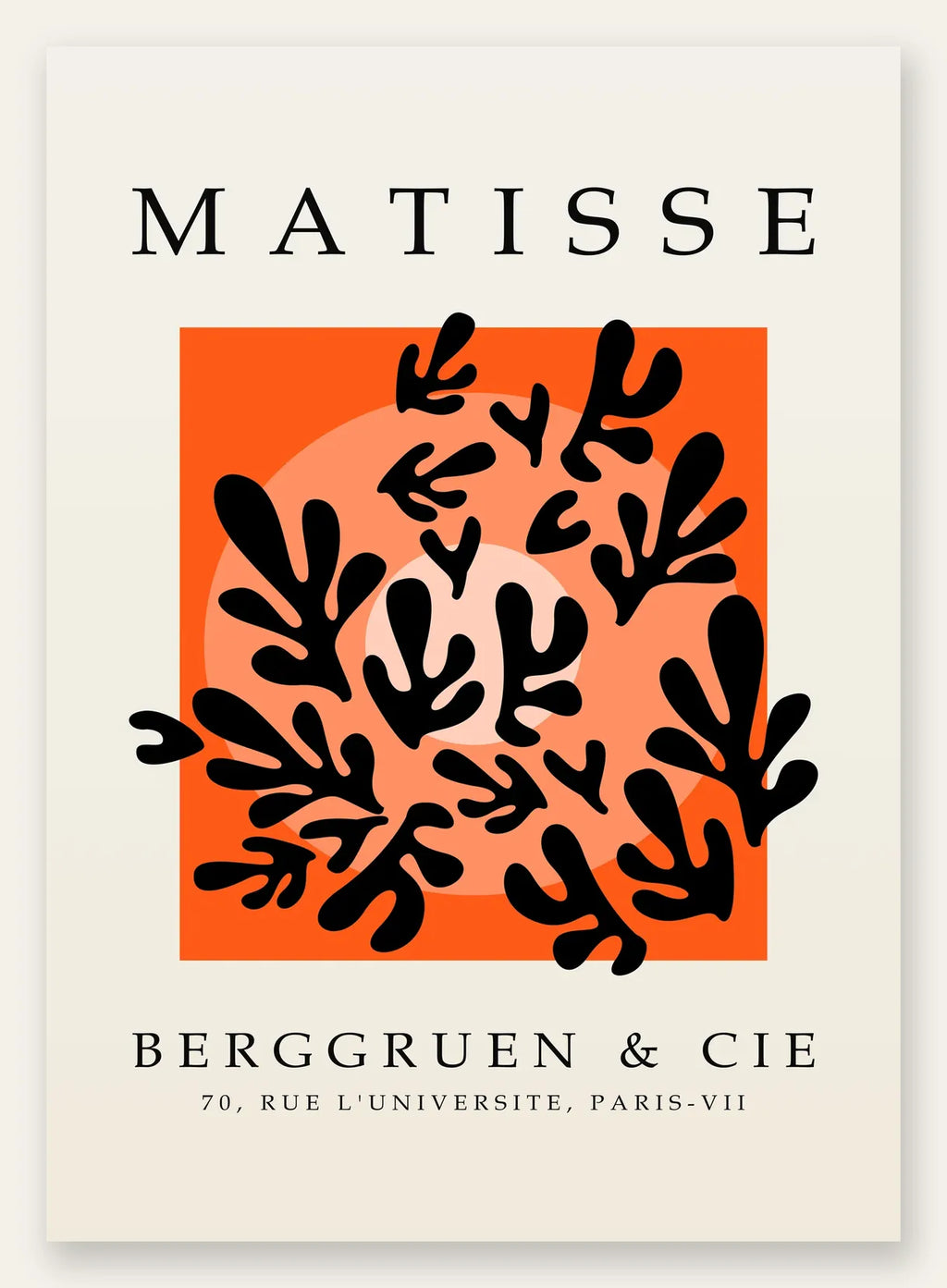 Corail Noir sur Orange en papiers decoupes Matisse sur fond colore