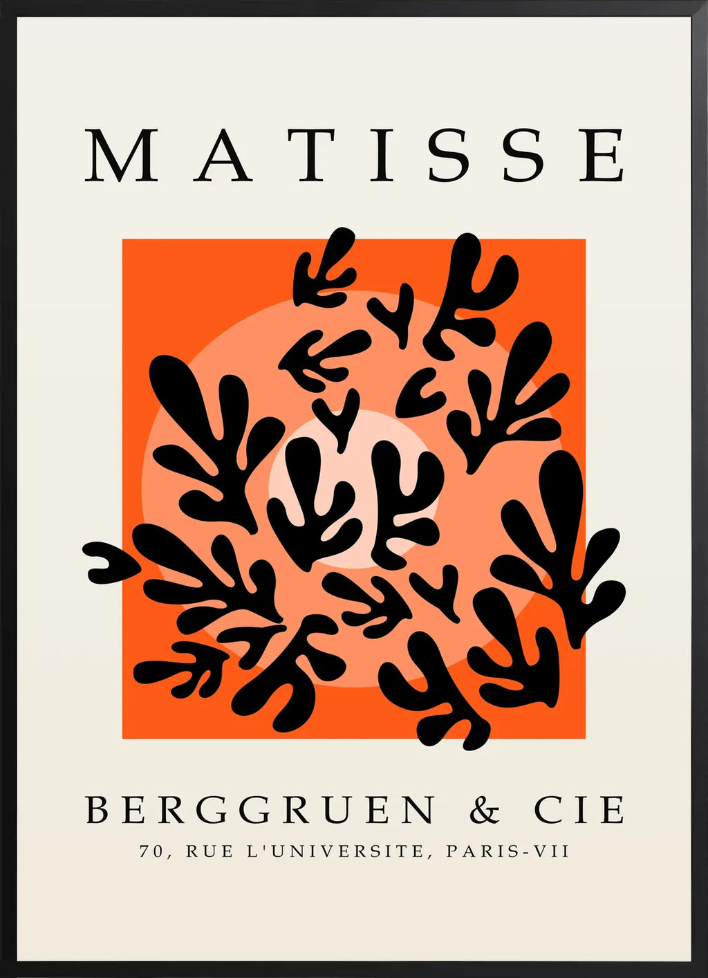 Encadrement noir mat autour de l'affiche Matisse corail noir sur orange