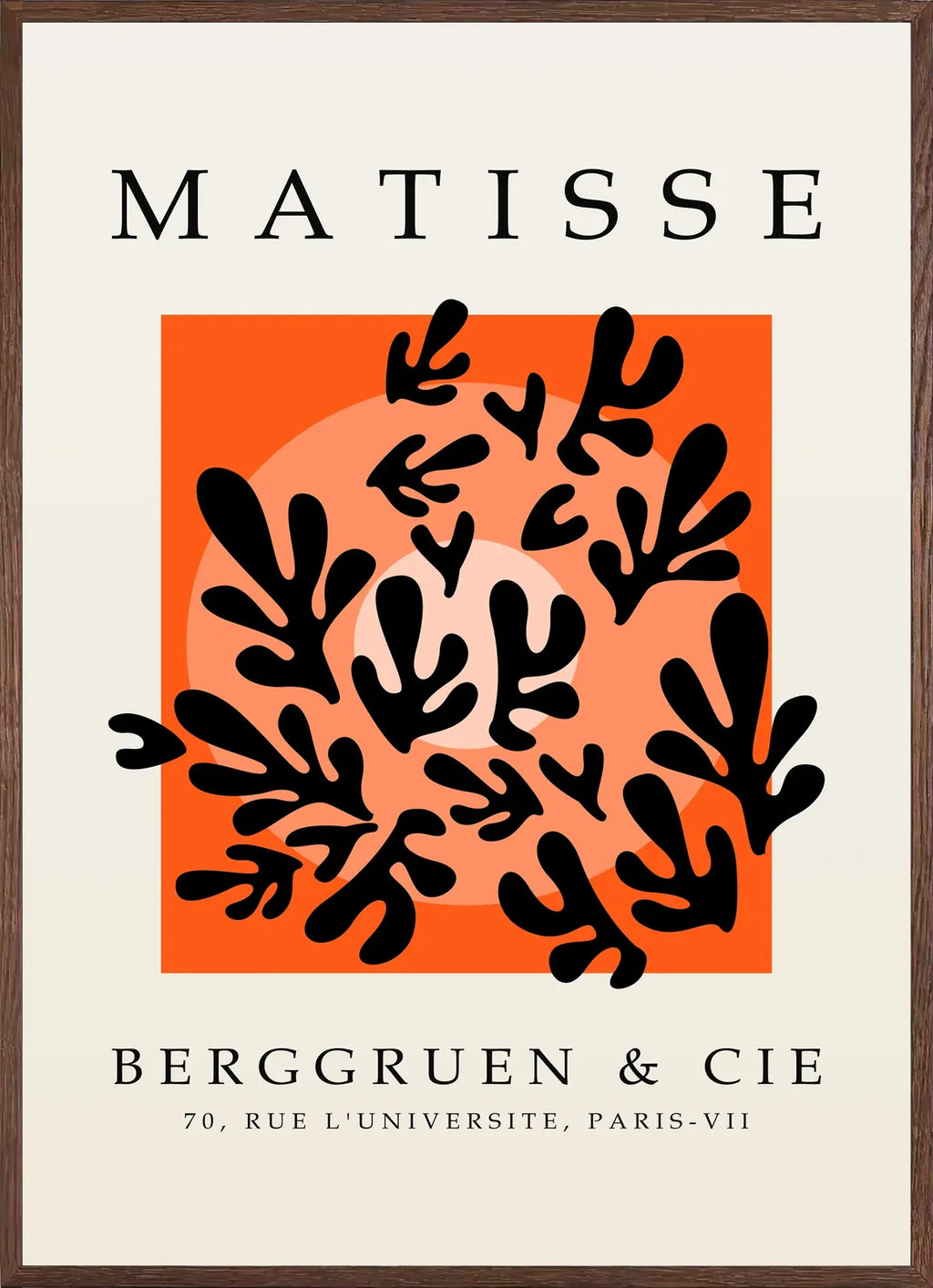Cadre chene clair entourant l'affiche Matisse corail noir sur orange