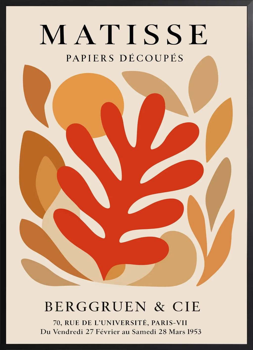 Encadrement noir mat autour de l'affiche Matisse corail rouge tons automne