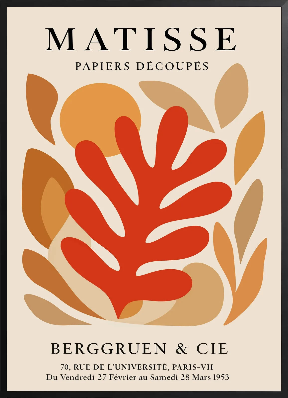 Encadrement noir mat autour de l'affiche Matisse corail rouge tons automne