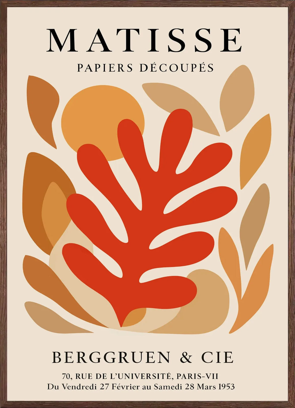 Cadre chene clair entourant l'affiche Matisse corail rouge tons automne