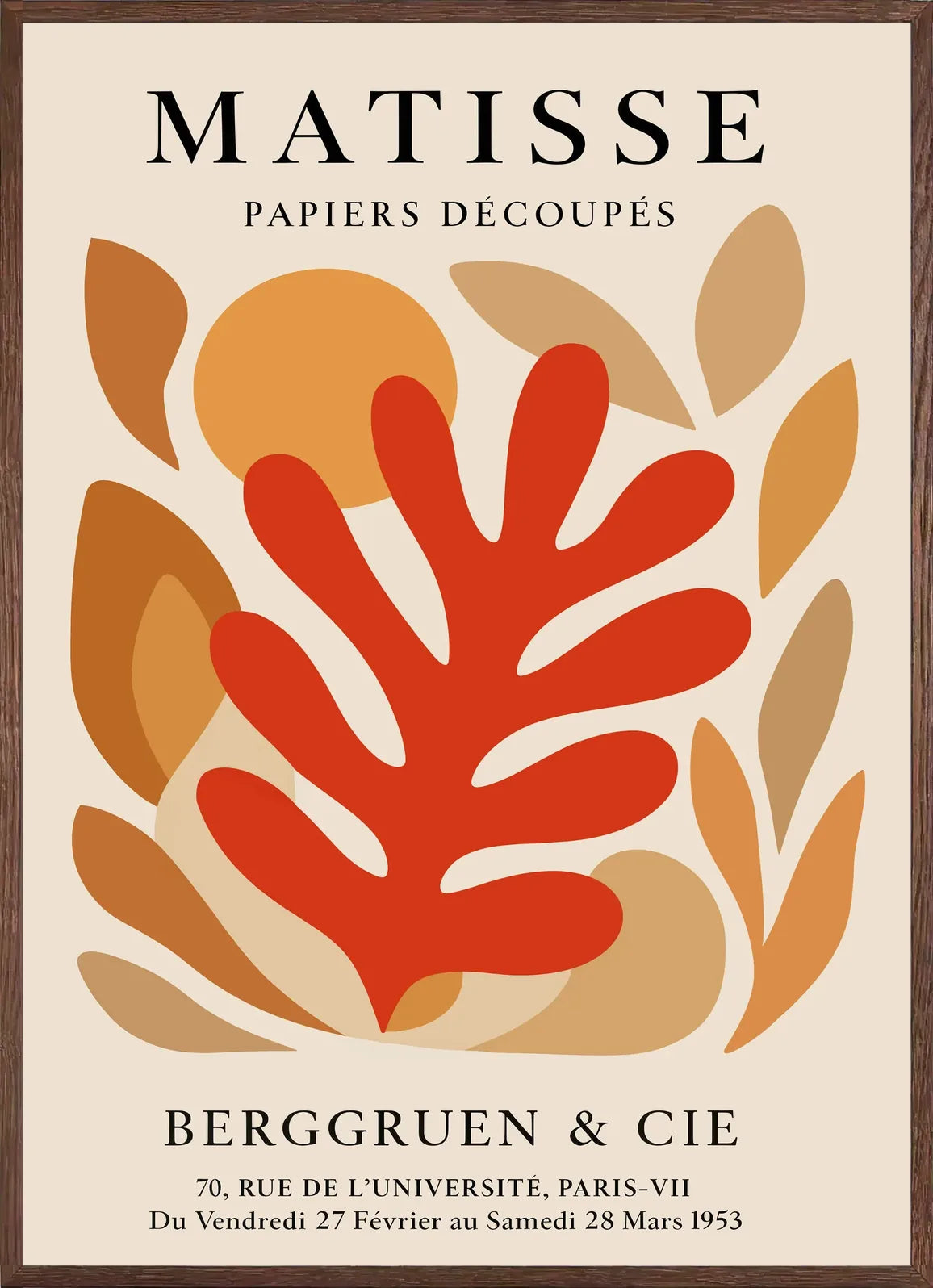 Cadre chene clair entourant l'affiche Matisse corail rouge tons automne