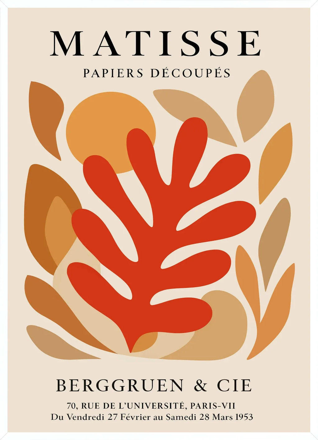 Cadre blanc epure presentant l'affiche Matisse corail rouge tons automne