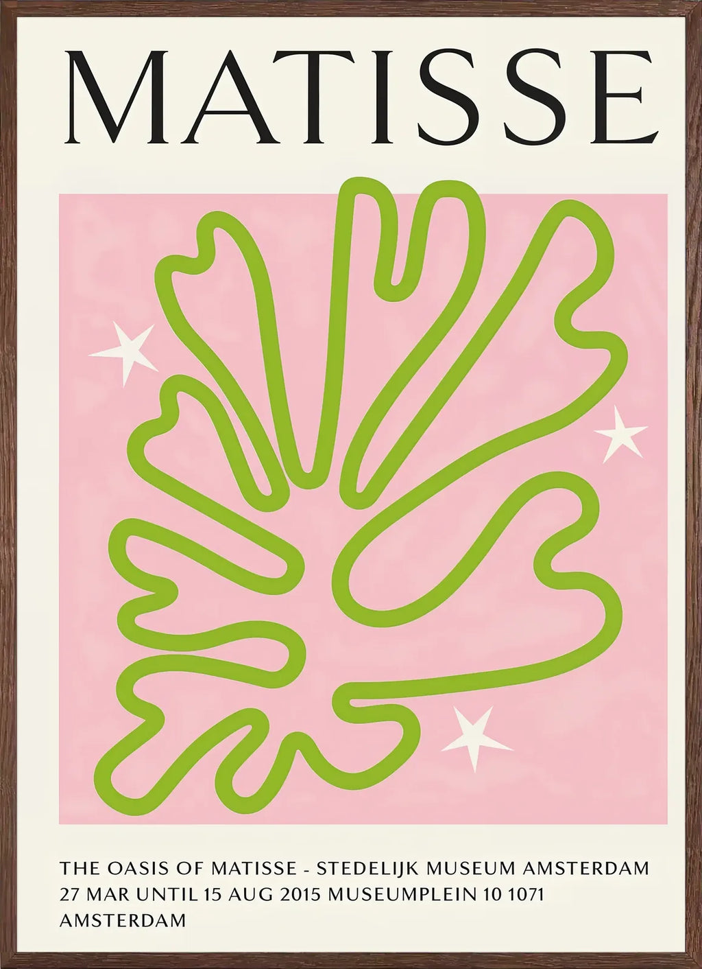 Cadre chene clair entourant l'affiche Matisse corail vert oasis