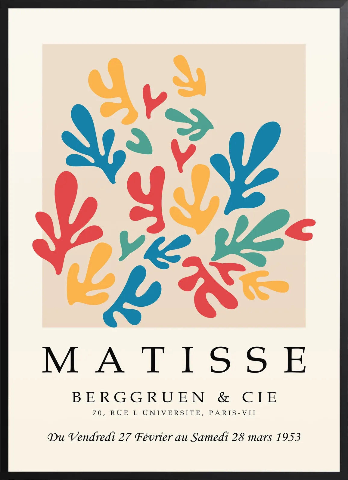Encadrement noir mat autour de l'affiche Matisse corails multicolores