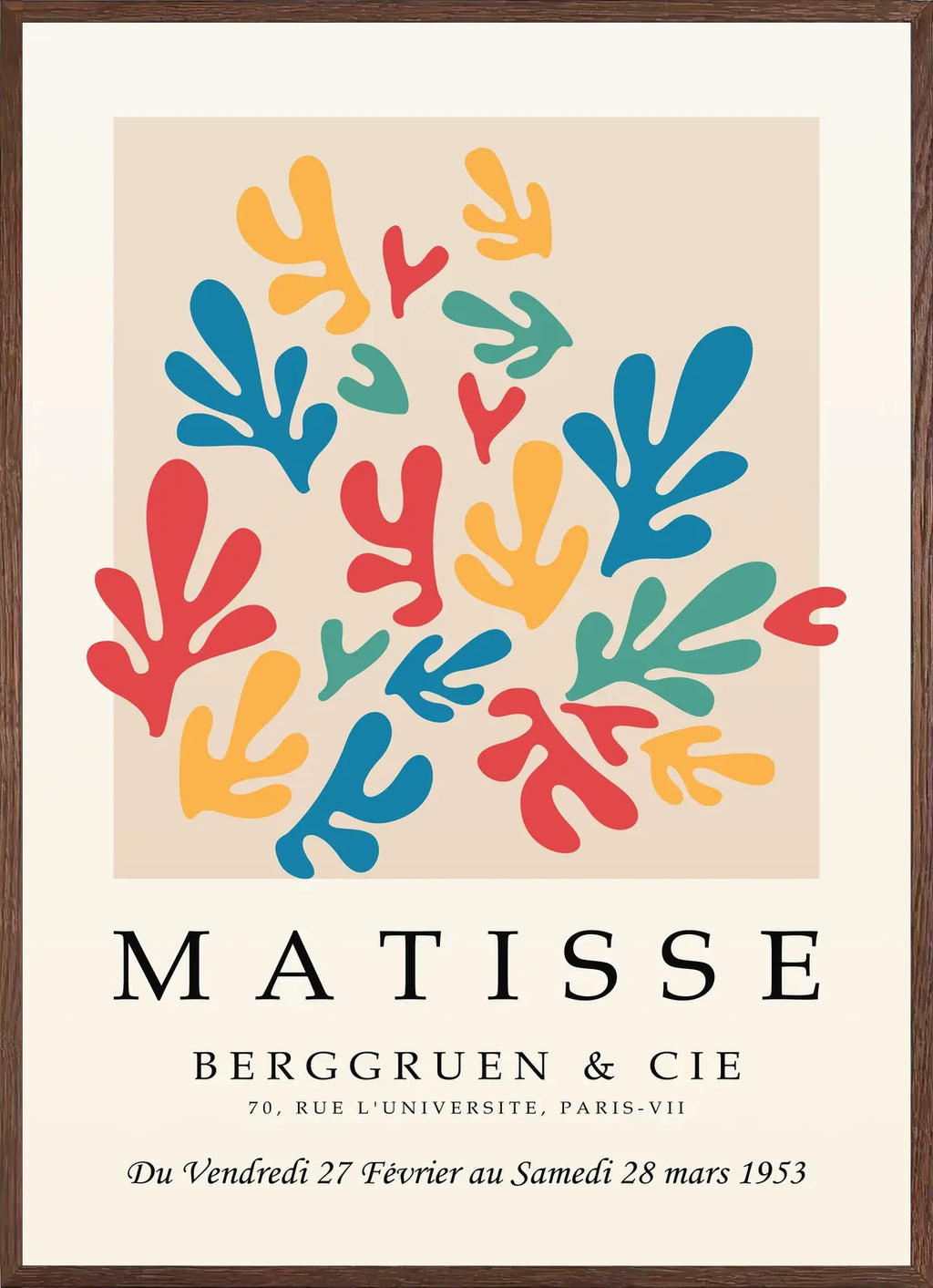 Cadre chene clair entourant l'affiche Matisse corails multicolores