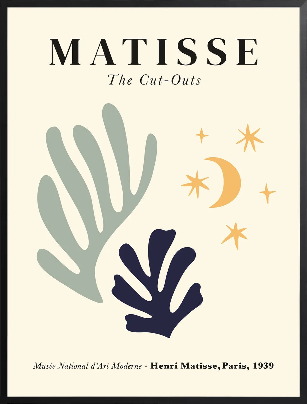 Encadrement noir mat autour de l'affiche Matisse corail lune et etoiles