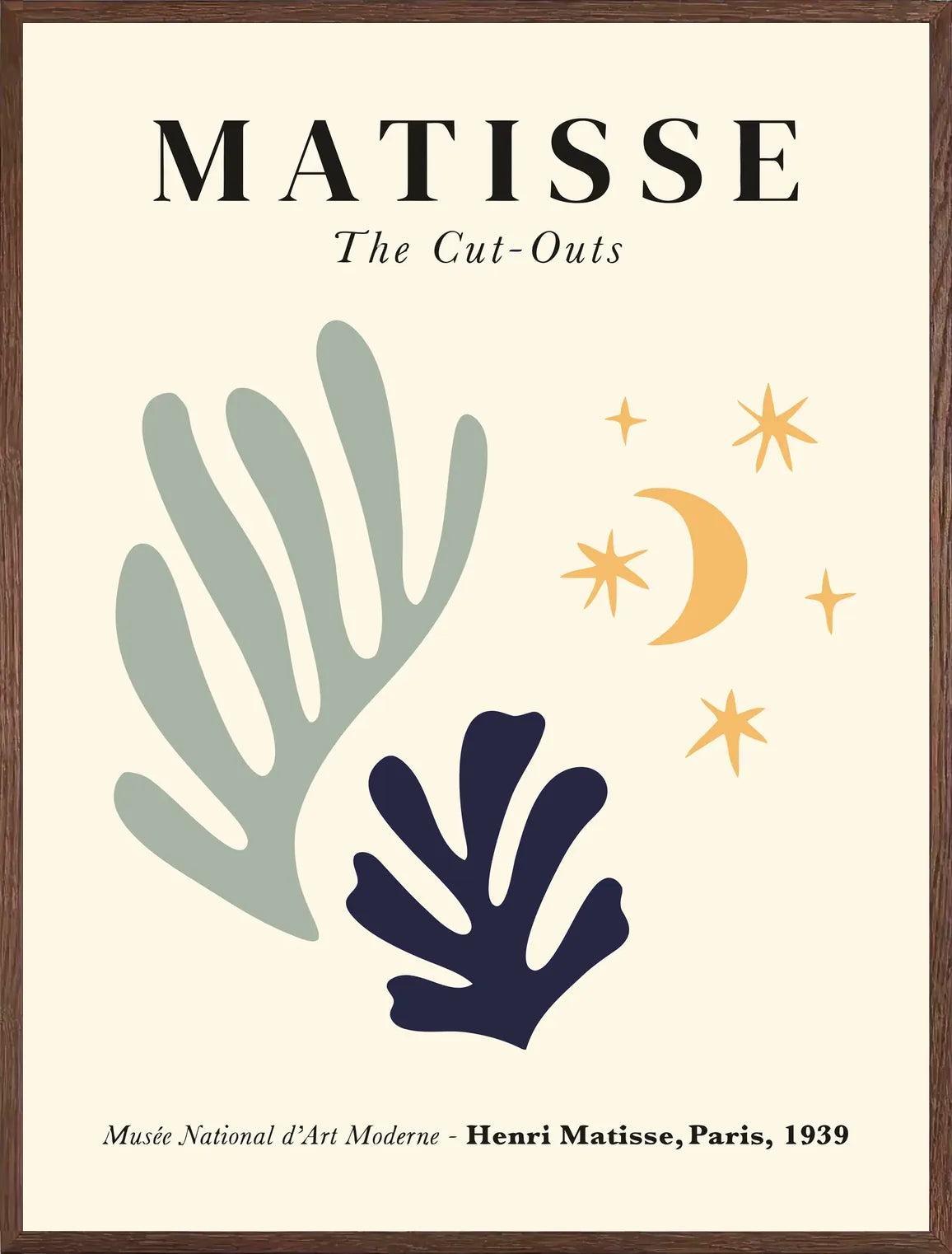 Cadre chene clair entourant l'affiche Matisse corail lune et etoiles