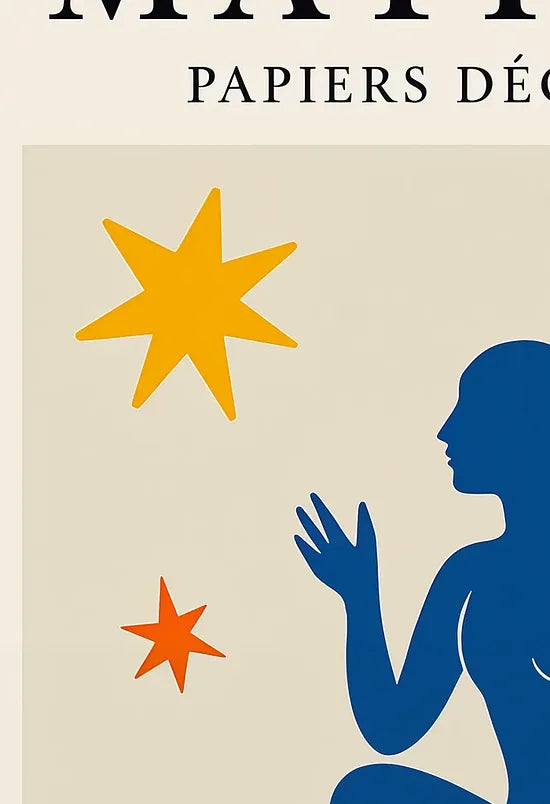 Gros plan sur les etoiles et l'oiseau pres de la femme bleue Matisse