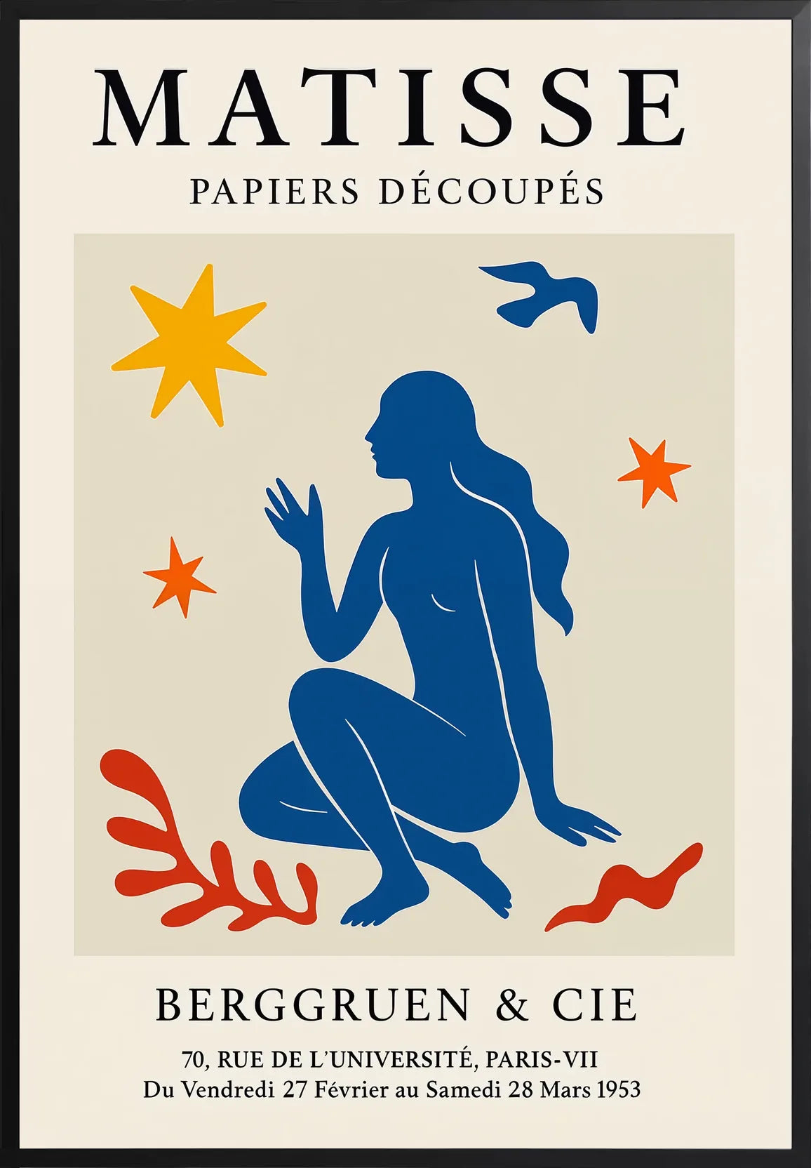 Encadrement noir mat autour de l'affiche Matisse femme bleue et etoiles