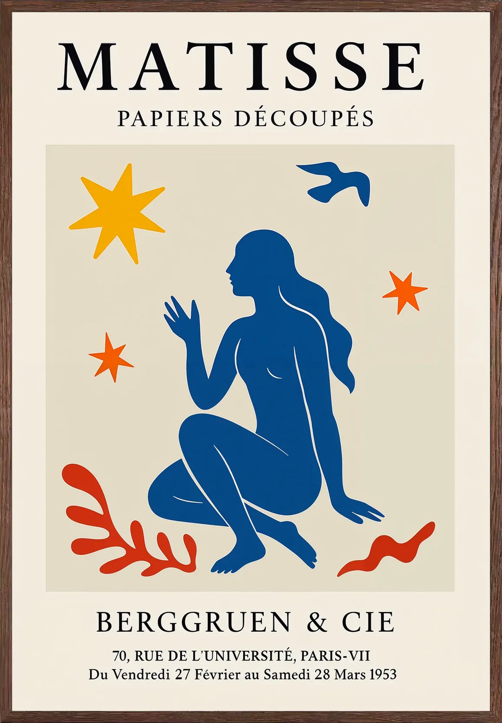 Cadre chene clair entourant l'affiche Matisse femme bleue et etoiles