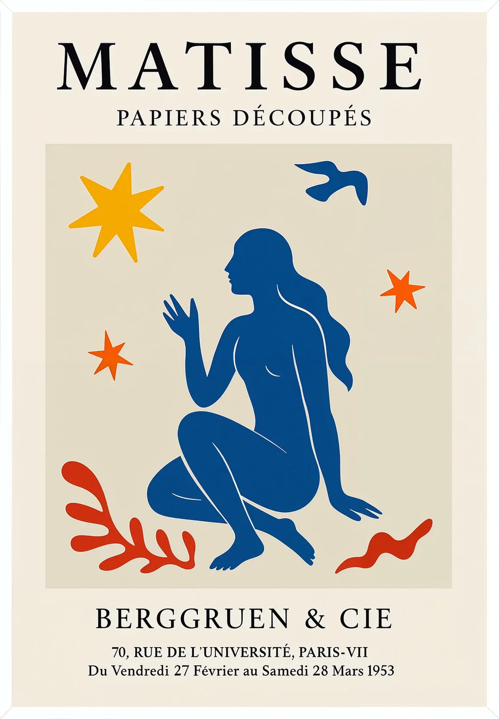 Cadre blanc epure presentant l'affiche Matisse femme bleue et etoiles
