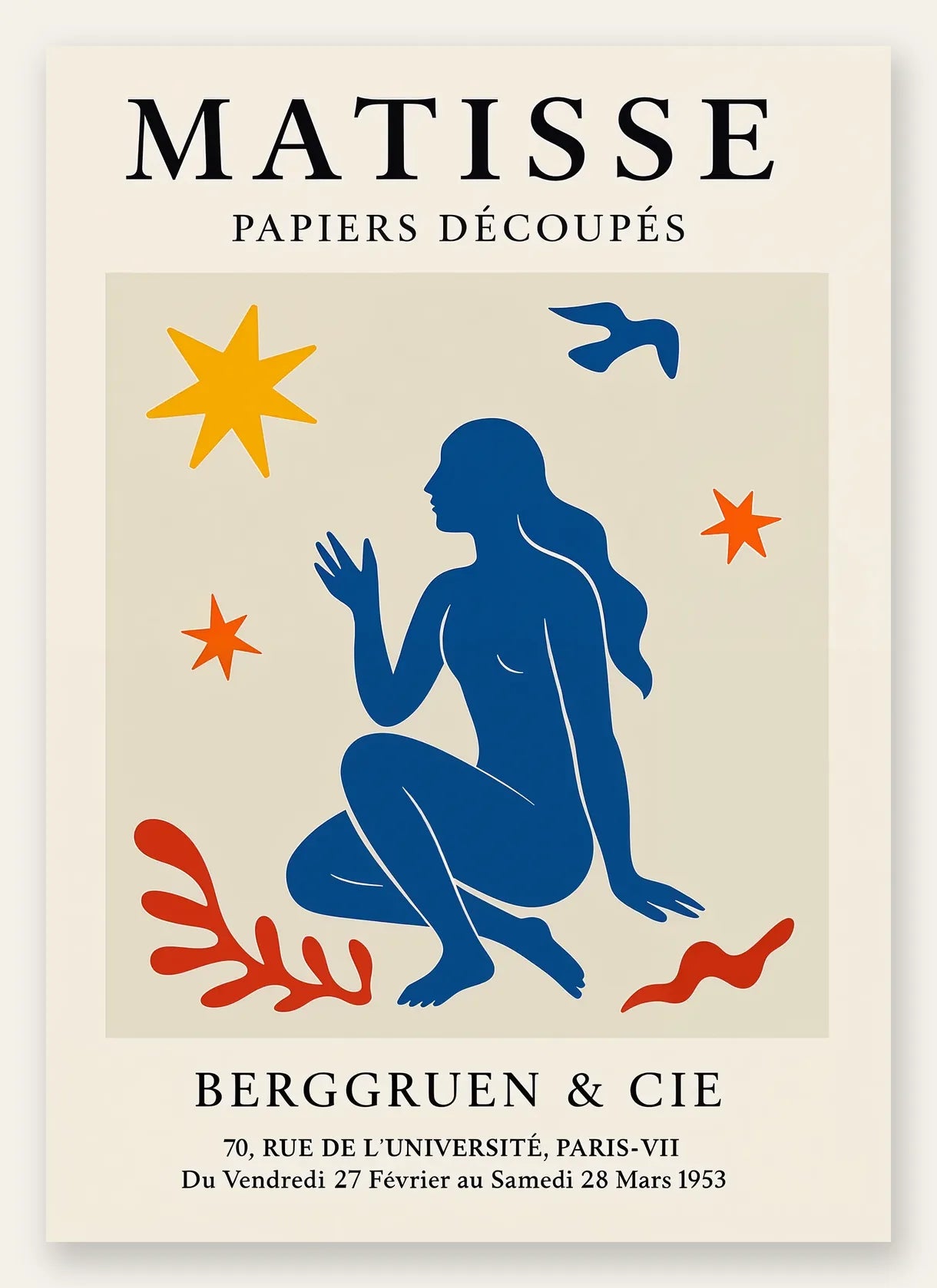 Femme bleue parmi etoiles et un oiseau, affiche Matisse papiers decoupes