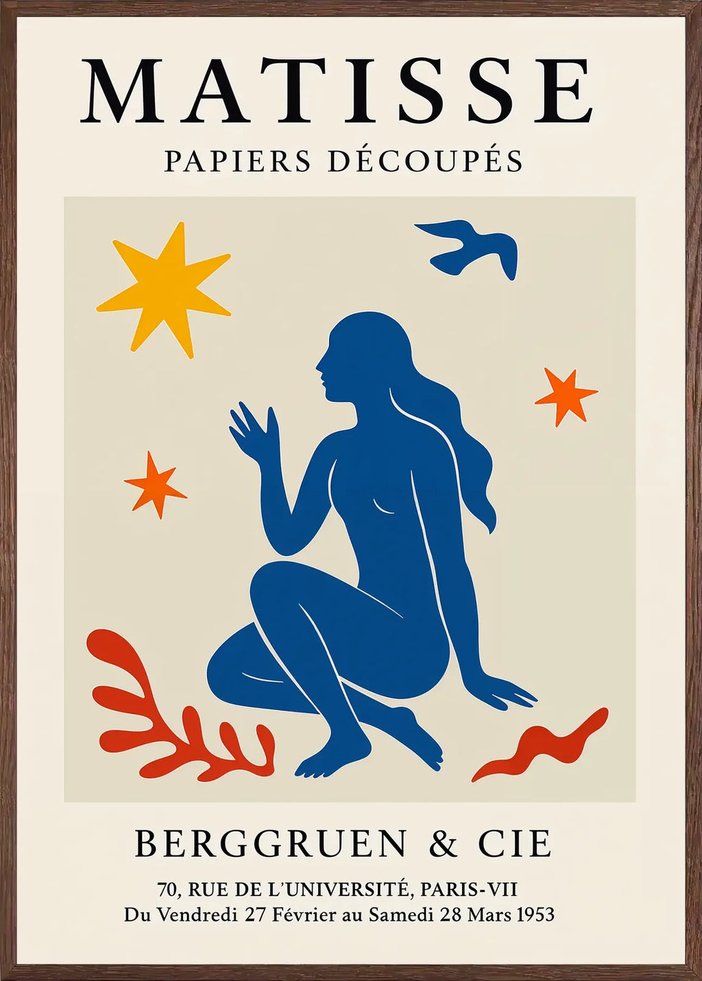 Cadre chene clair entourant l'affiche Matisse femme bleue et etoiles
