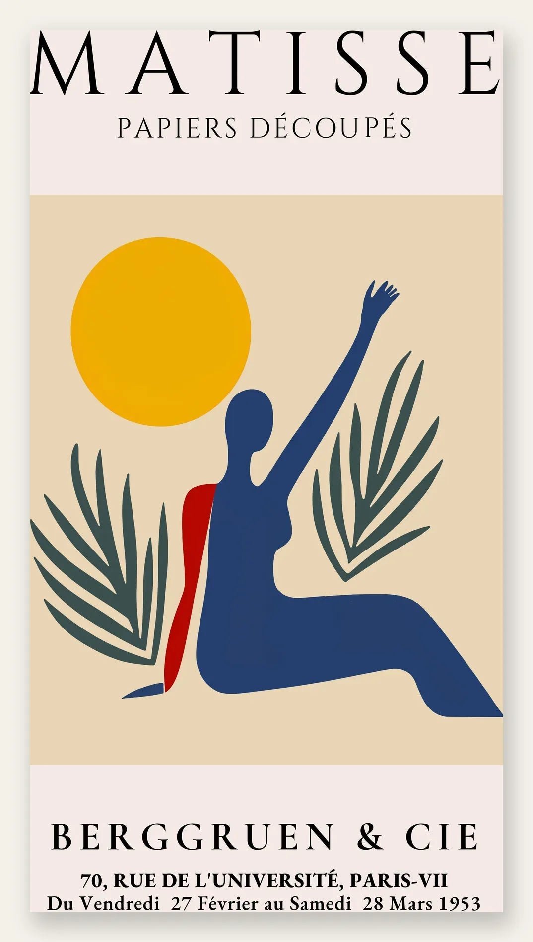 Femme bleue au bras leve sous un soleil jaune et des palmes, affiche Matisse papiers decoupes