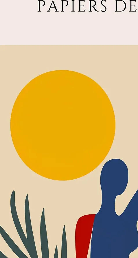 Gros plan sur la femme bleue au bras leve et le soleil jaune Matisse