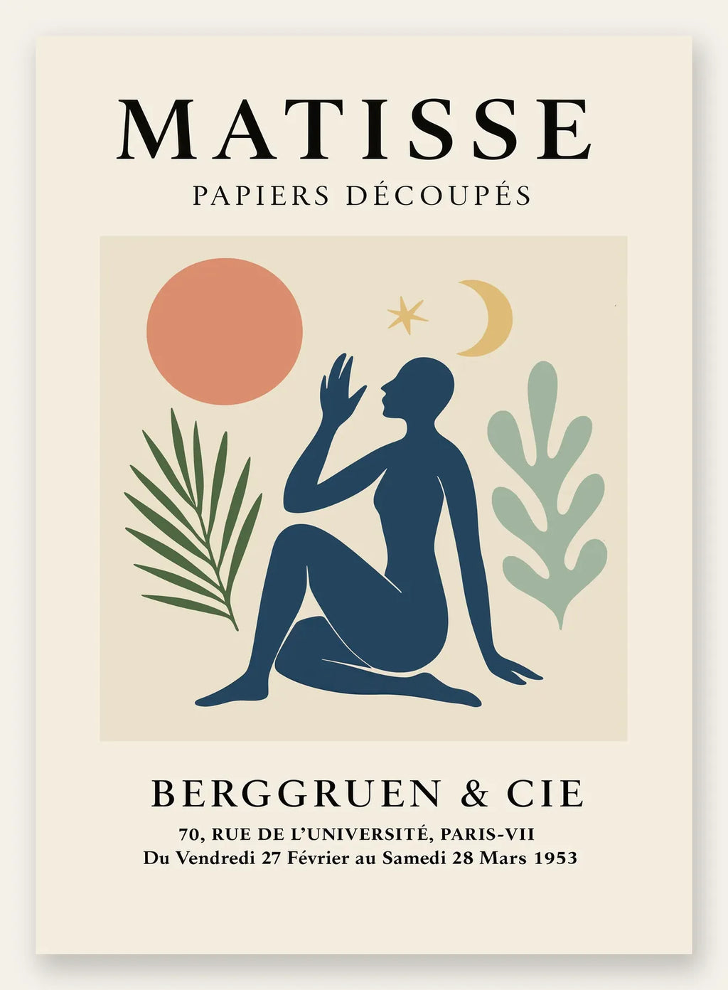 Femme bleue avec lune croissant et etoile, affiche Matisse papiers decoupes