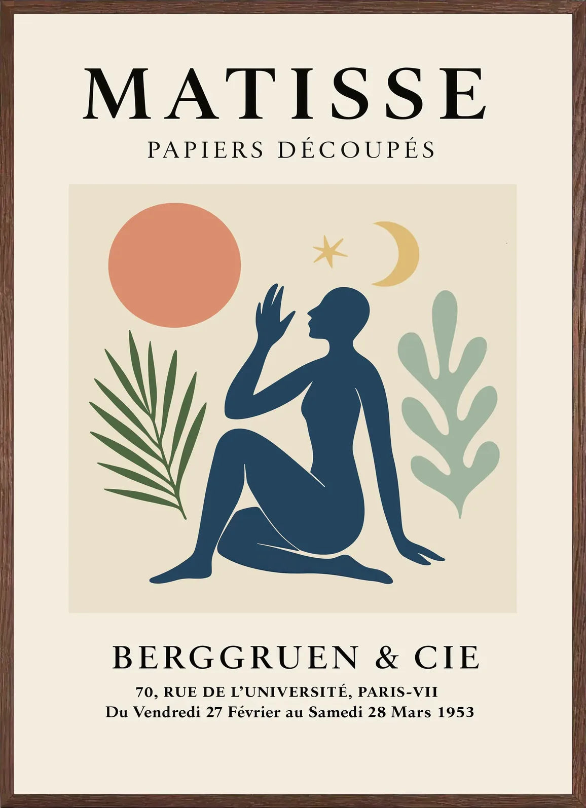 Cadre chene clair entourant l'affiche Matisse femme lune et etoile