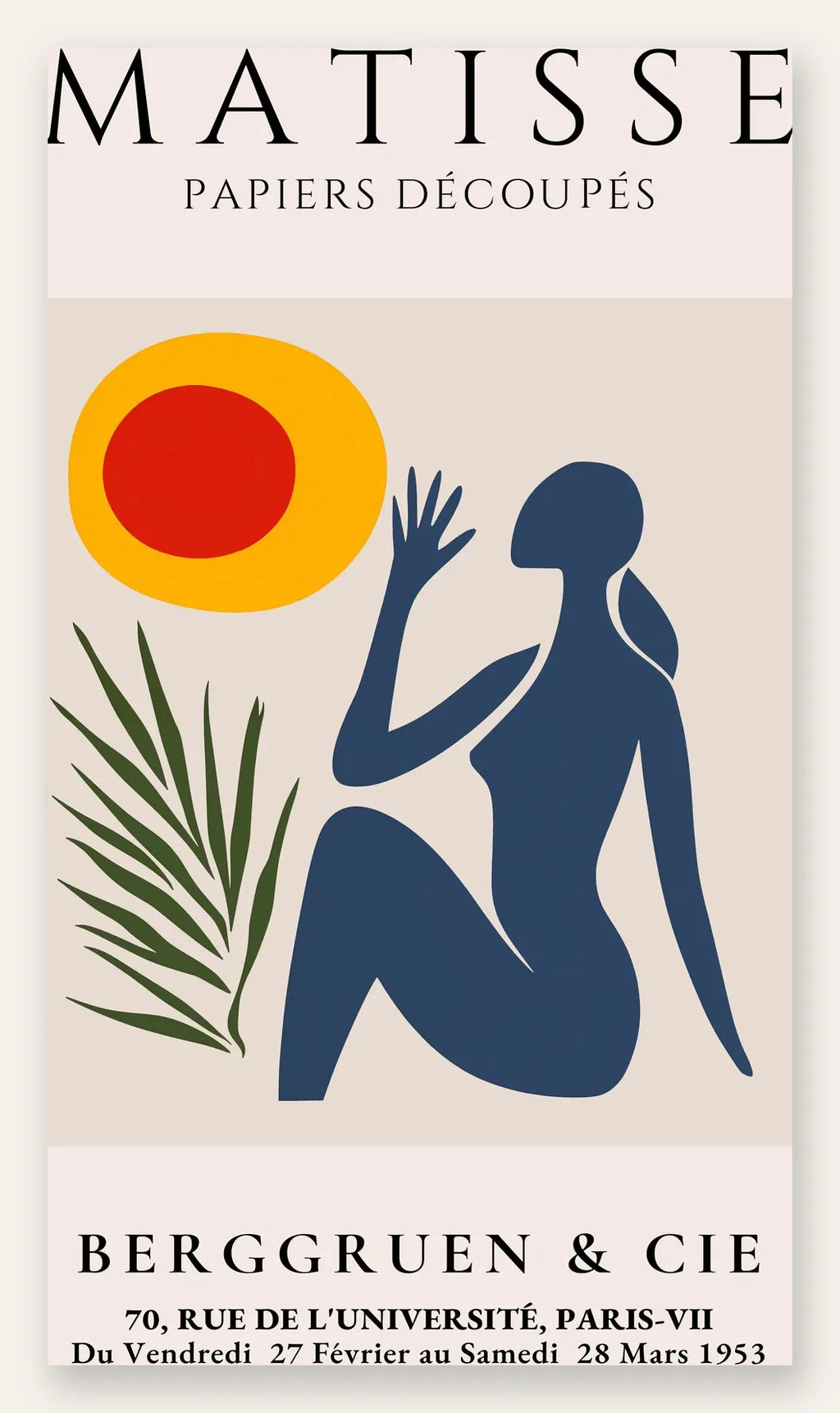 Femme bleue tendue vers un soleil rouge et jaune et une palme, affiche Matisse papiers decoupes